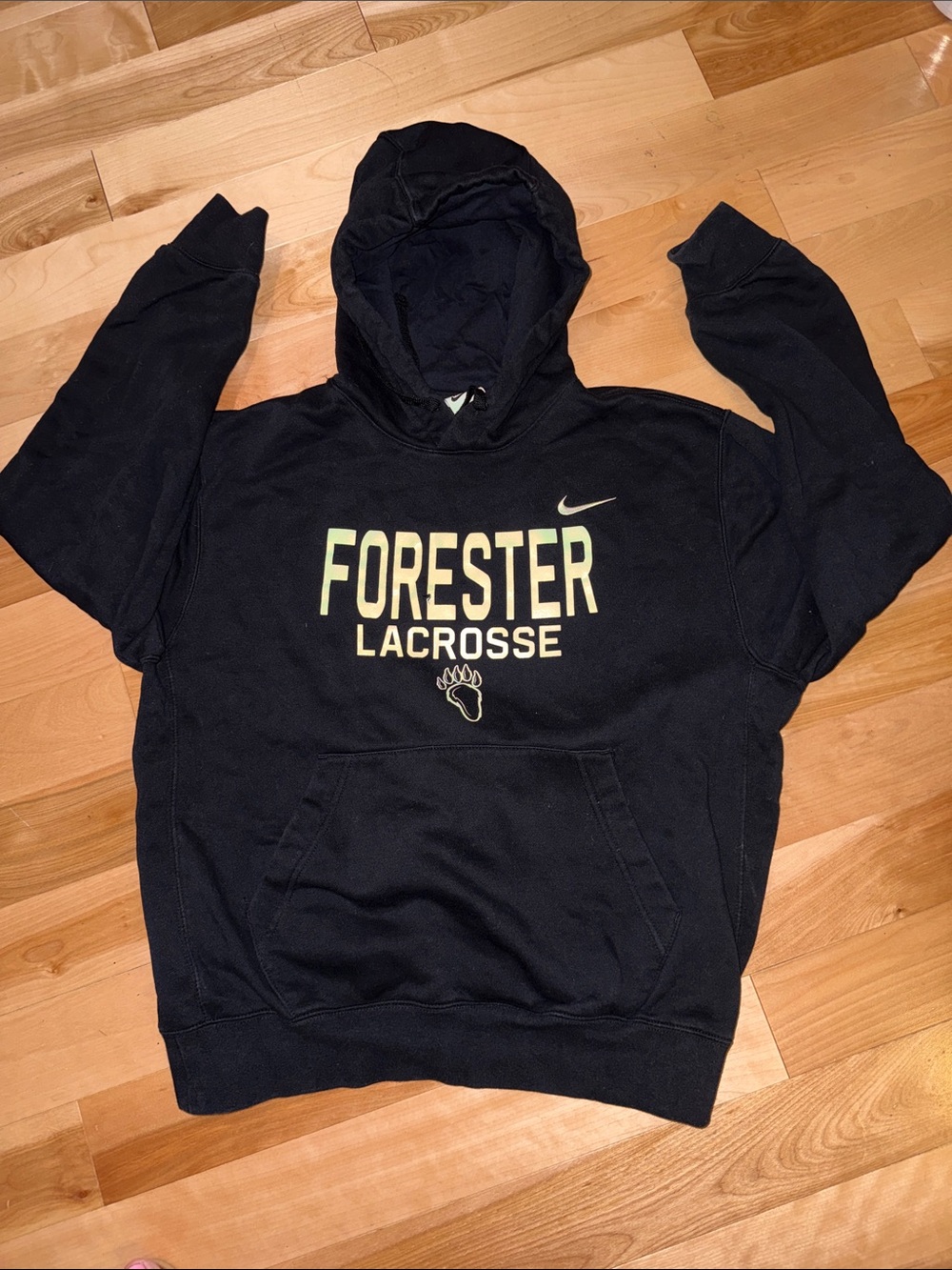 Nike Black Forester Lacrosse Hoodie with White Logo M flaw pictured